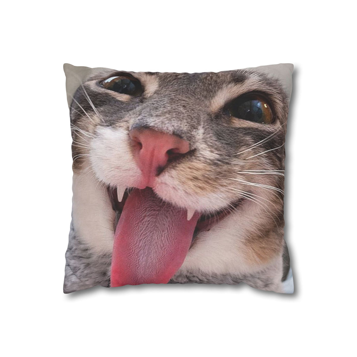 Funny Cat Face Pillowcase – Square Poly Canvas Throw Pillow Cover with Tongue-Out Kitty