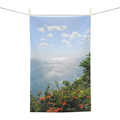 Coastal Cliff Tea Towel — Ocean View with Wildflowers Microfiber Towel