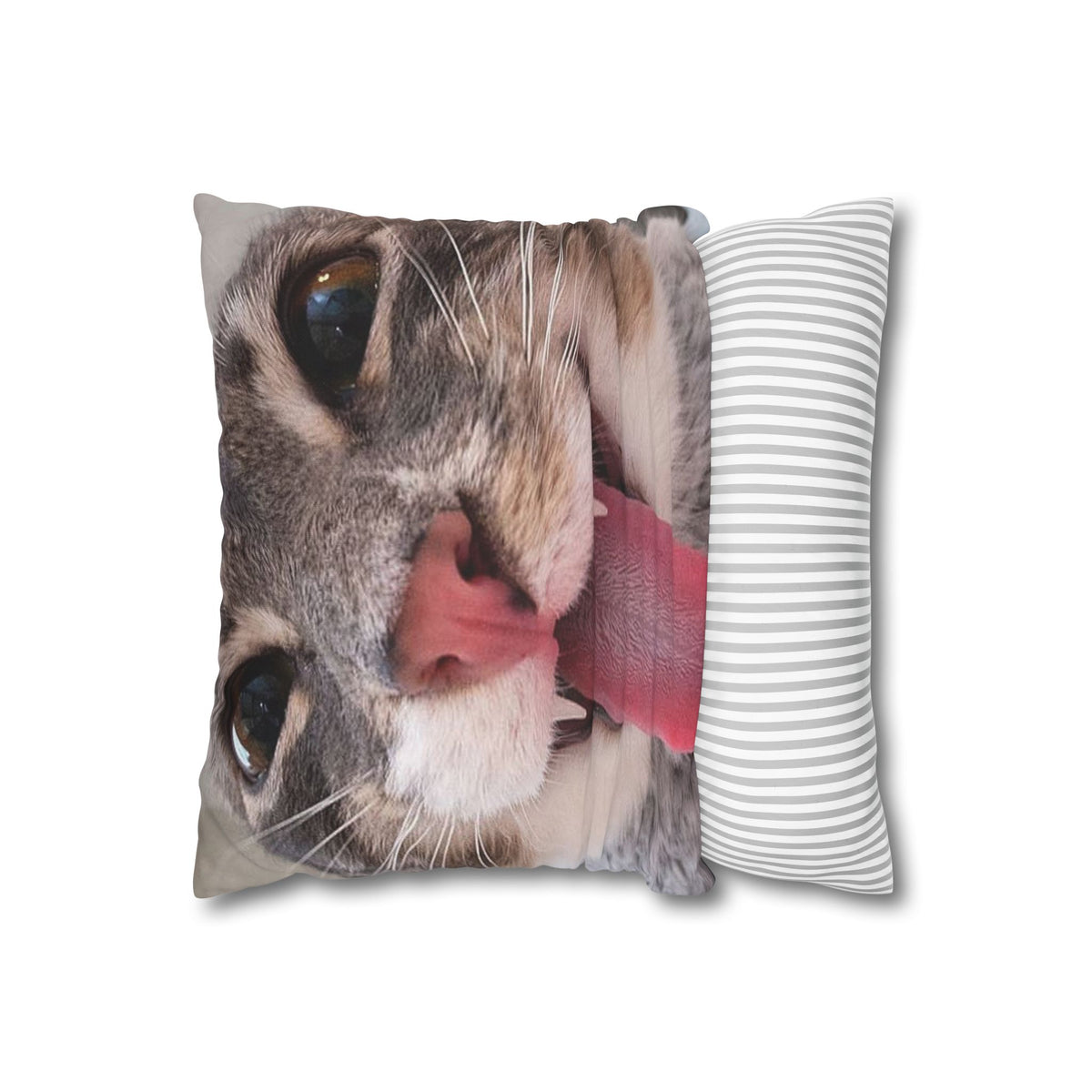 Funny Cat Face Pillowcase – Square Poly Canvas Throw Pillow Cover with Tongue-Out Kitty